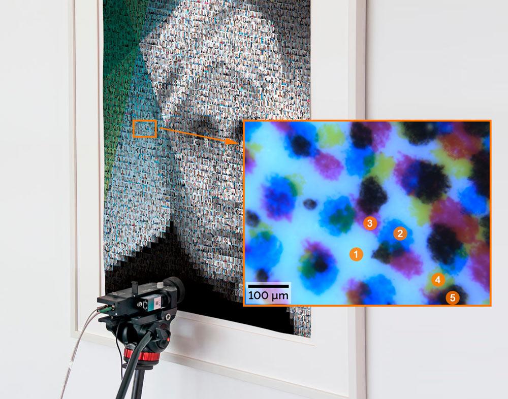 A modo de ilustración, la sonda Raman se colocó delante de un póster enmarcado que mostraba un retrato de Sir C. V. Raman